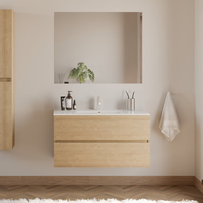 Meuble de salle de bain 90cm simple vasque - 2 tiroirs - IDA