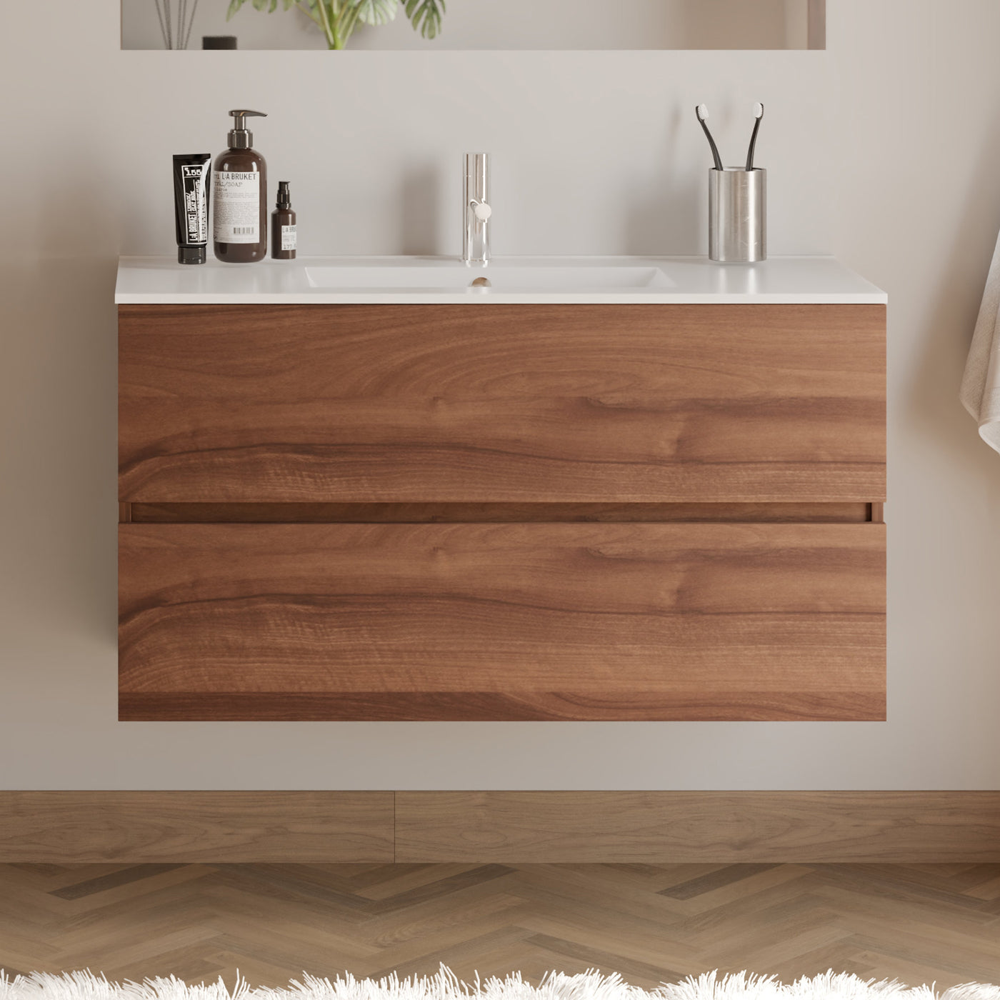 Meuble de salle de bain 90cm simple vasque - 2 tiroirs - IDA