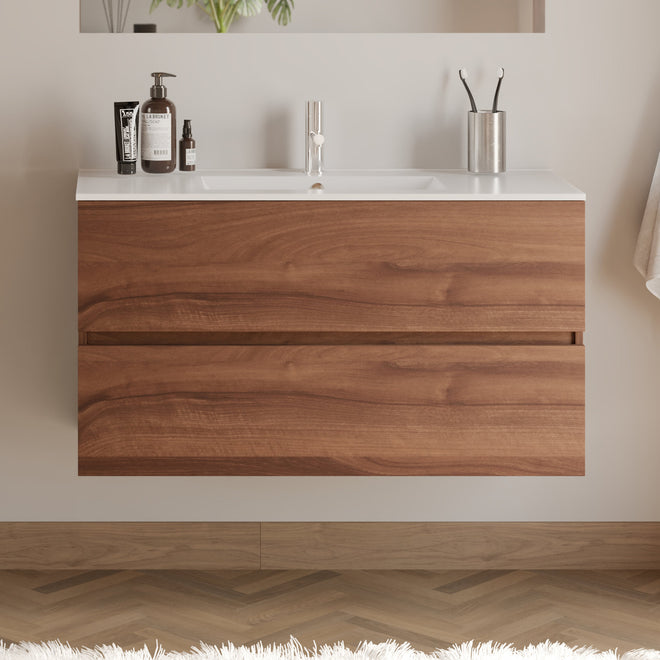 Meuble de salle de bain 90cm simple vasque - sans miroir - 2 tiroirs - IDA