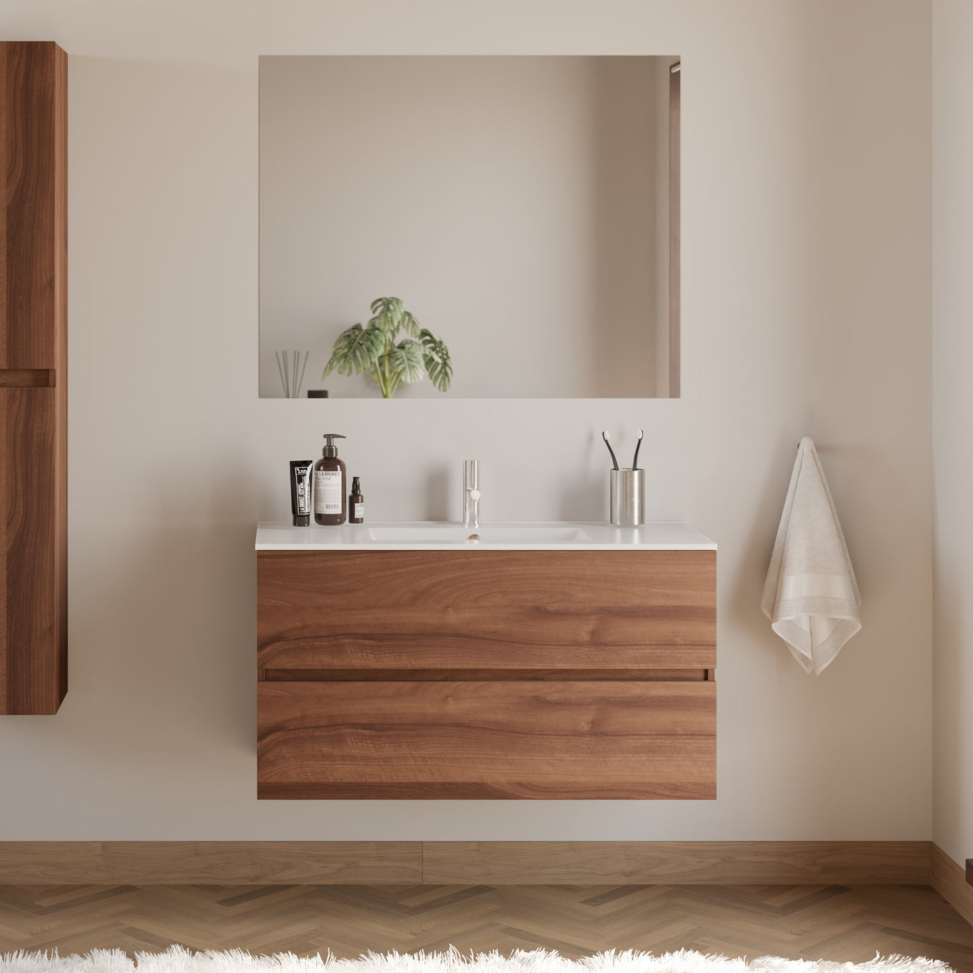 Meuble de salle de bain 90cm simple vasque - 2 tiroirs - IDA
