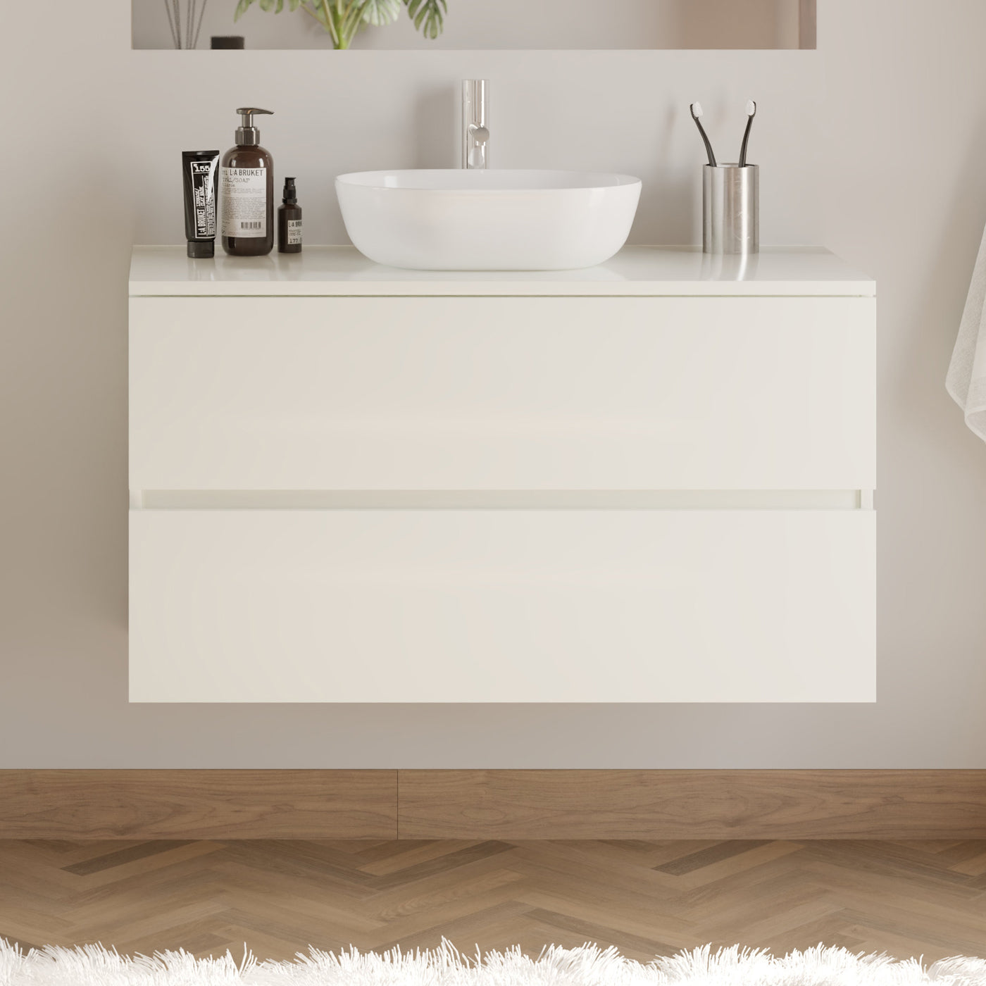 Meuble de salle de bain 100cm avec plateau et vasque à poser arrondie - 2 tiroirs - IDA
