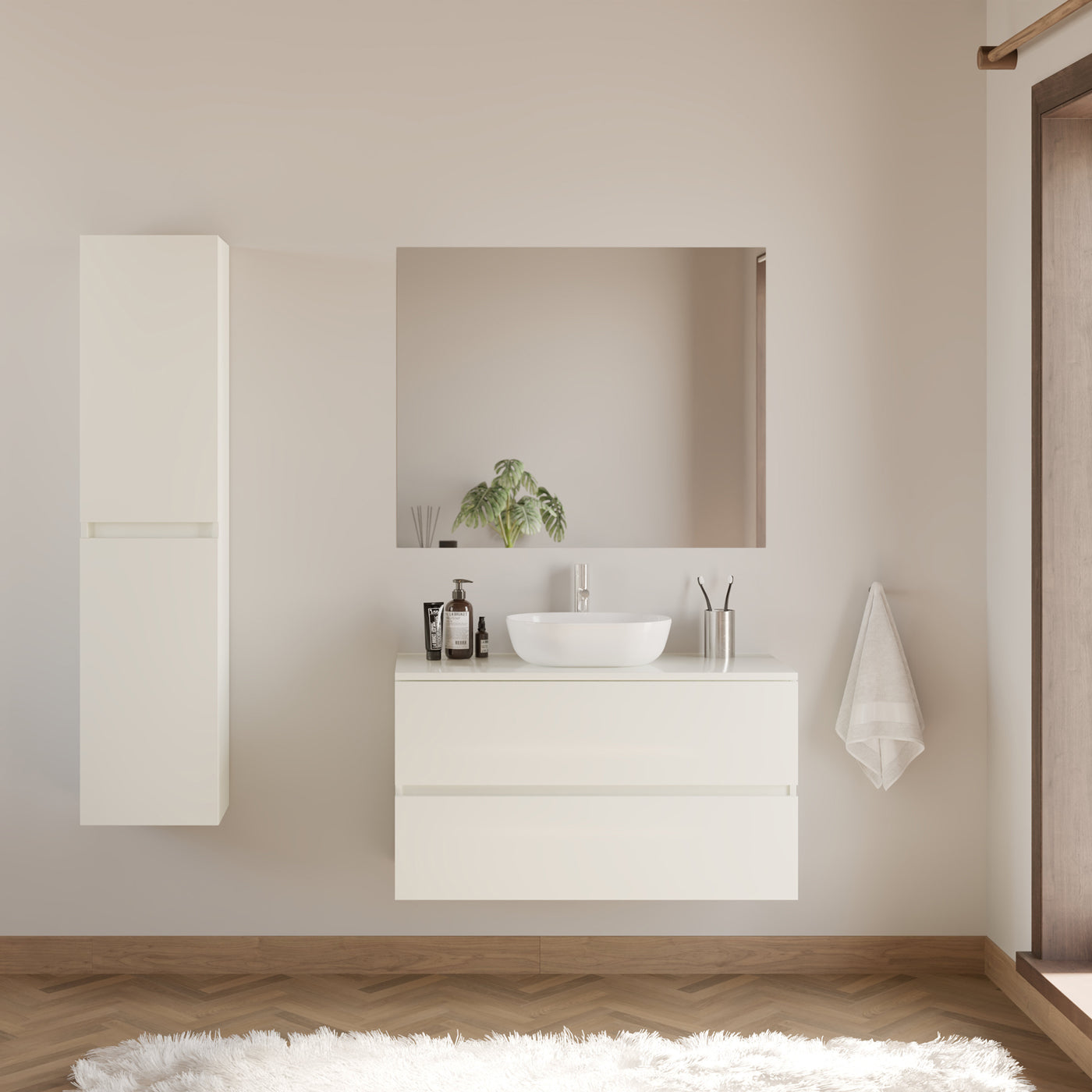 Meuble de salle de bain 100cm avec plateau et vasque à poser arrondie - 2 tiroirs - IDA