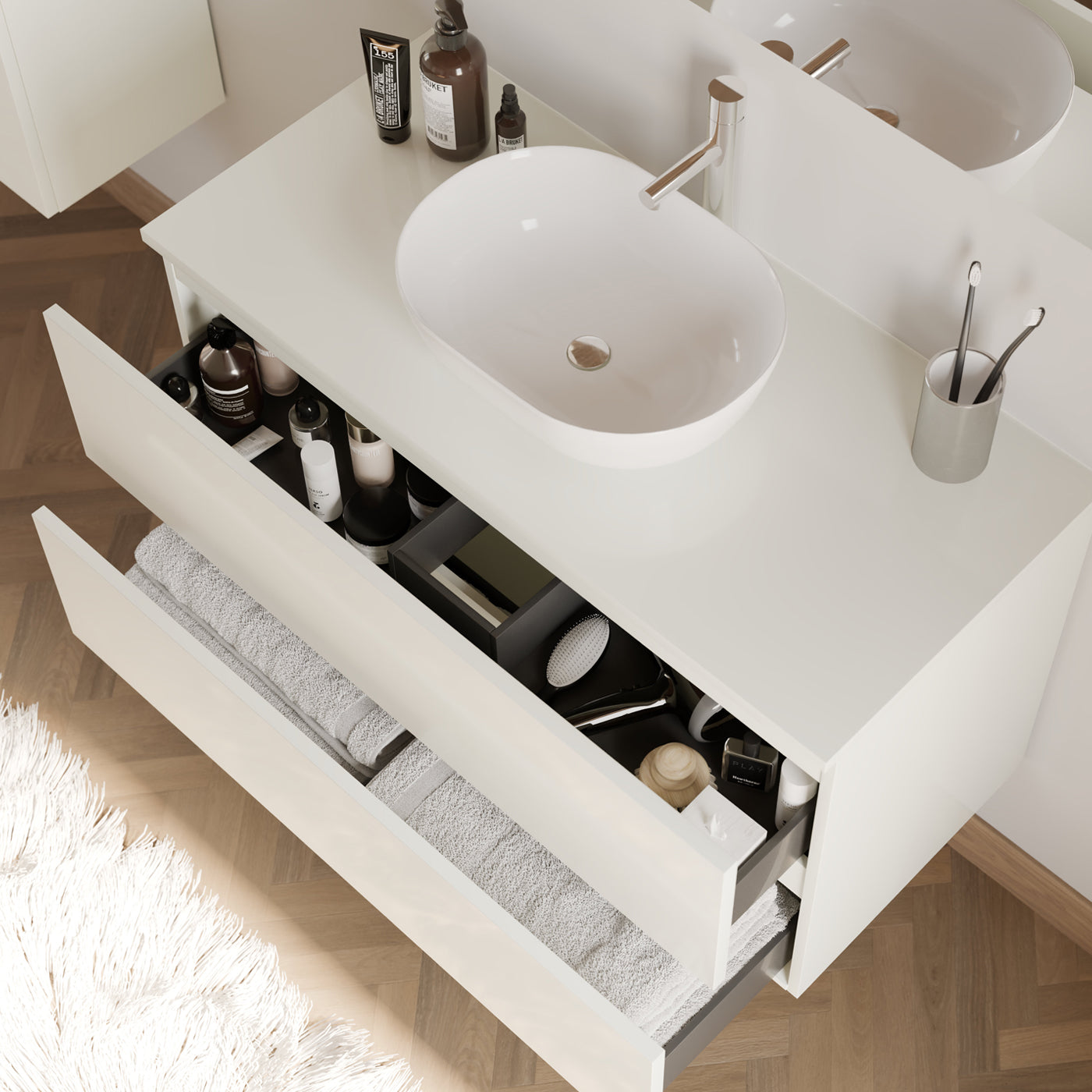 Meuble de salle de bain 100cm avec plateau et vasque à poser arrondie - 2 tiroirs - IDA