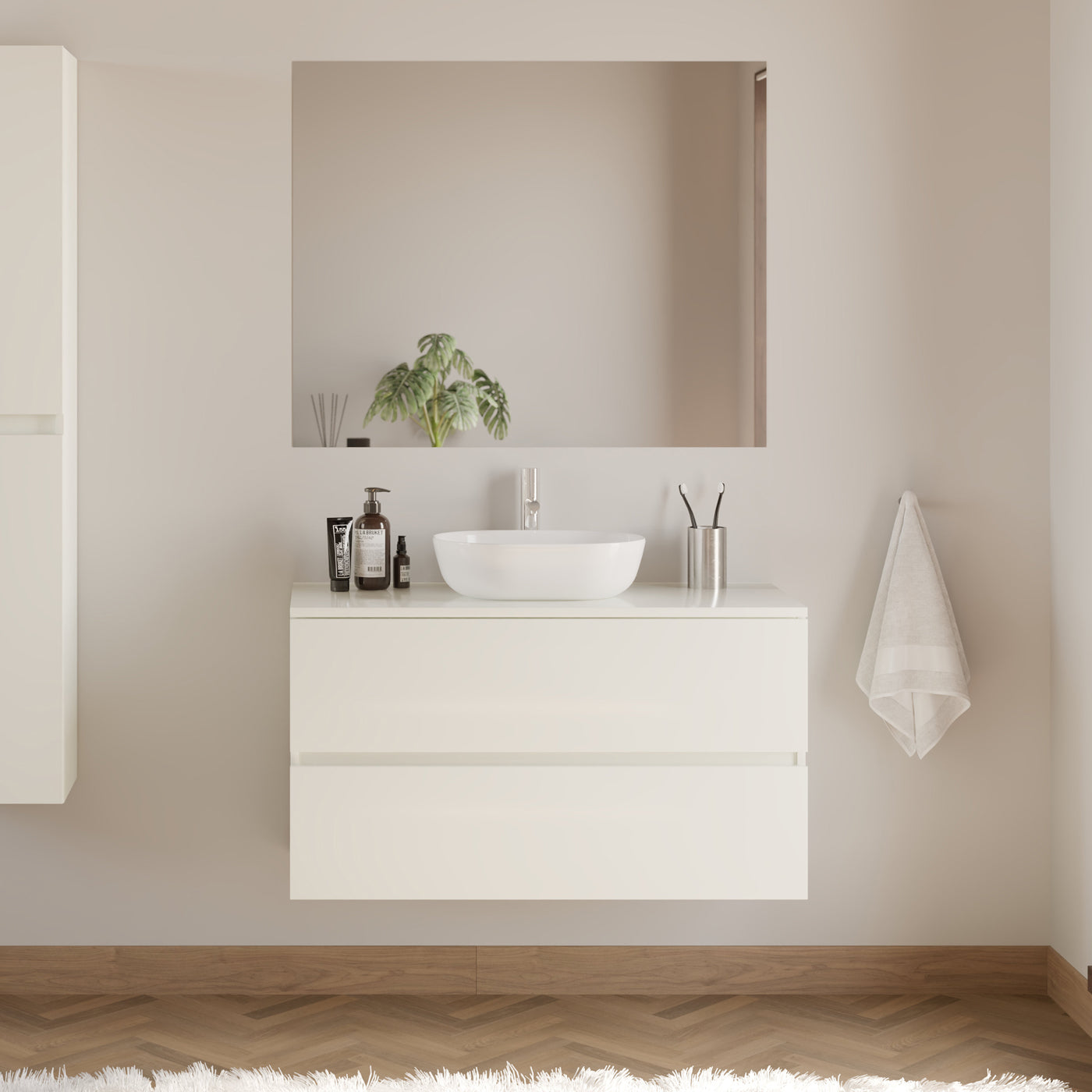 Meuble de salle de bain 100cm avec plateau et vasque à poser arrondie - 2 tiroirs - IDA