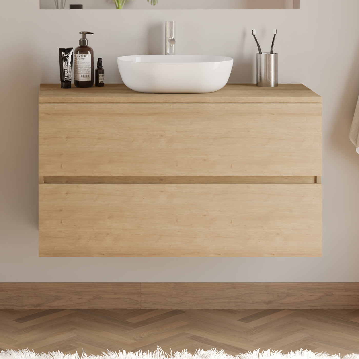 Meuble de salle de bain 100cm avec plateau et vasque à poser arrondie - 2 tiroirs - IDA
