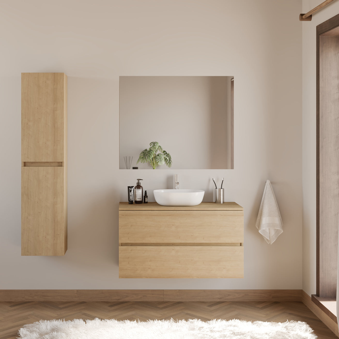 Meuble de salle de bain 100cm avec plateau et vasque à poser arrondie - 2 tiroirs - IDA