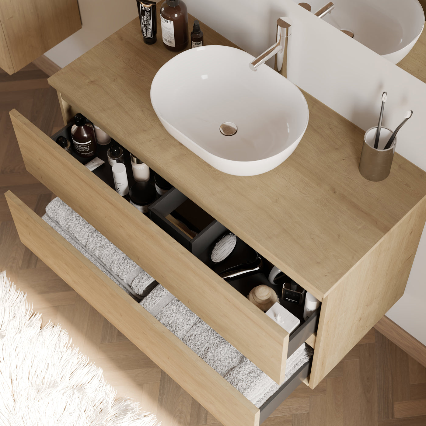 Meuble de salle de bain 100cm avec plateau et vasque à poser arrondie - 2 tiroirs - IDA