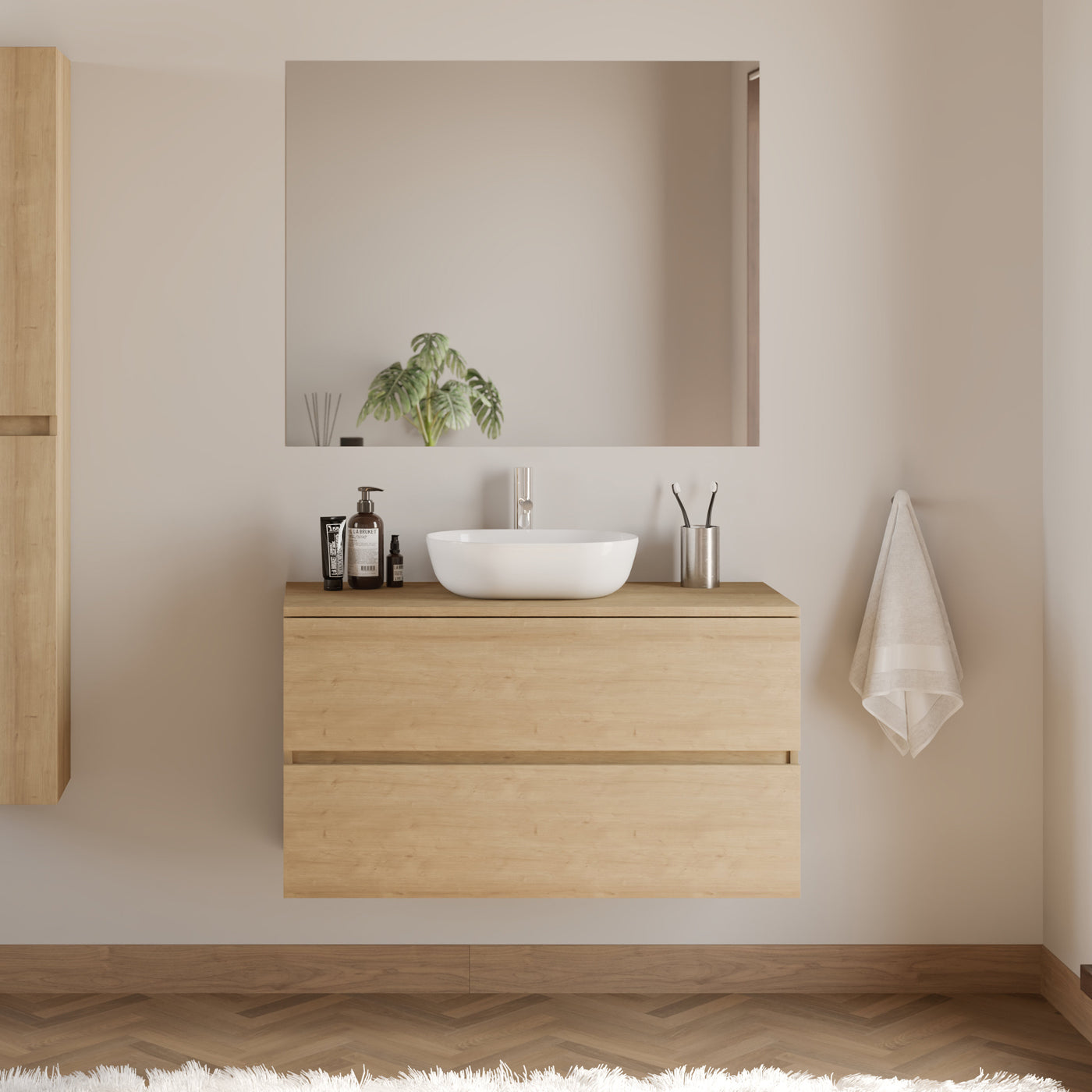 Meuble de salle de bain 100cm avec plateau et vasque à poser arrondie - 2 tiroirs - IDA