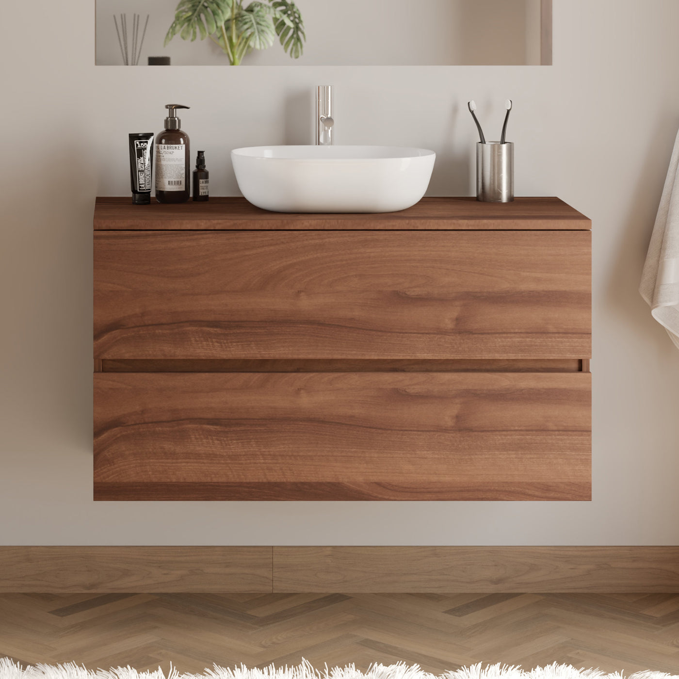 Meuble de salle de bain 100cm avec plateau et vasque à poser arrondie - 2 tiroirs - IDA