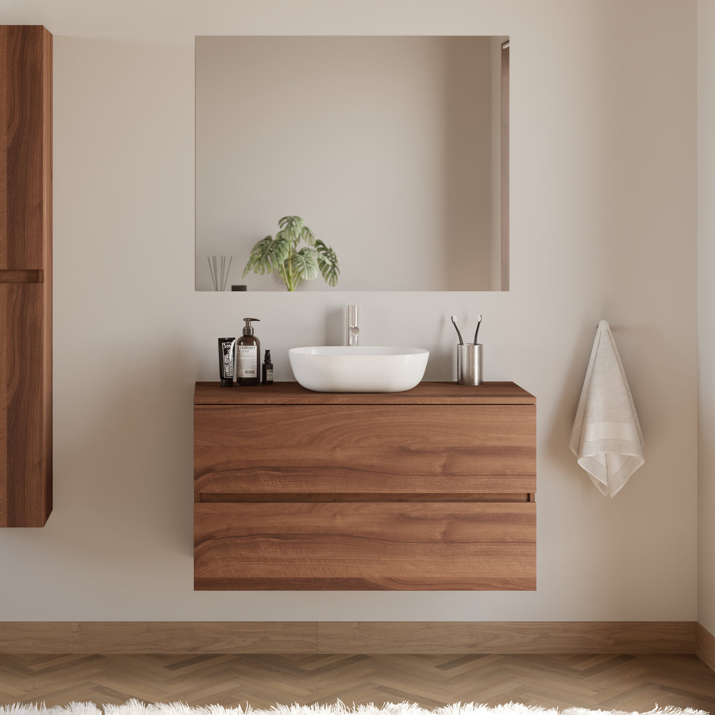 Meuble de salle de bain 100cm avec plateau et vasque à poser arrondie - 2 tiroirs - IDA