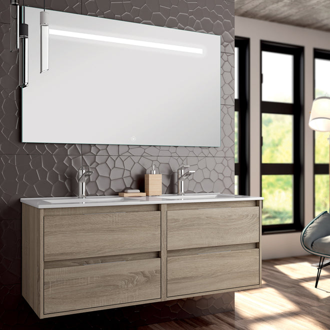 Meuble de salle de bain 120cm double vasque - 4 tiroirs - IRIS et miroir Led STAM