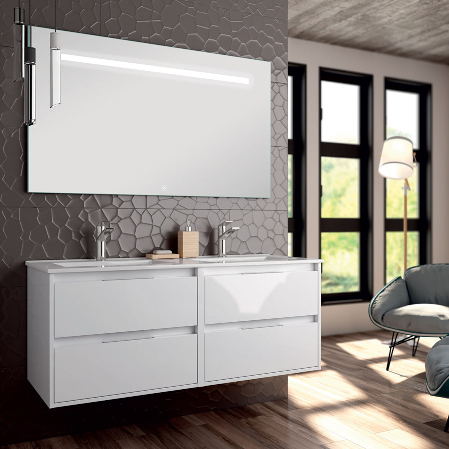 Meuble de salle de bain 120cm double vasque - 4 tiroirs - IRIS et miroir Led STAM