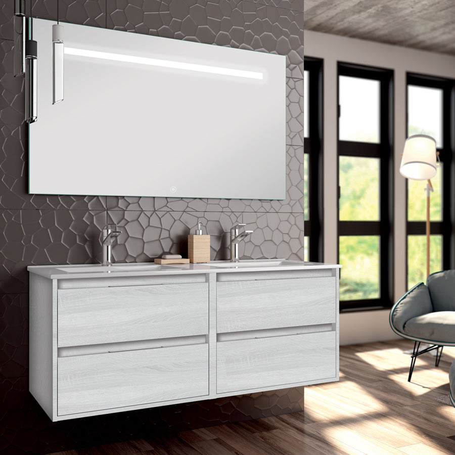 Meuble de salle de bain 120cm double vasque - 4 tiroirs - IRIS et miroir Led STAM