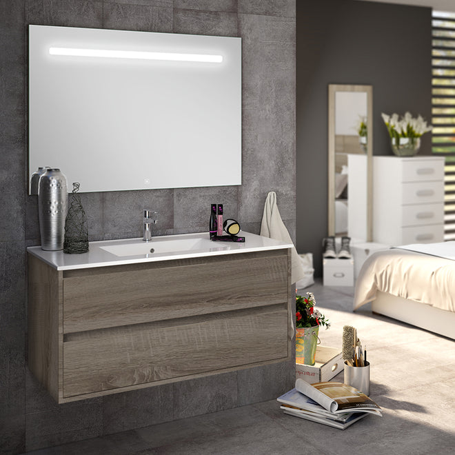 Meuble de salle de bain 100cm simple vasque - 2 tiroirs - IRIS et miroir Led STAM