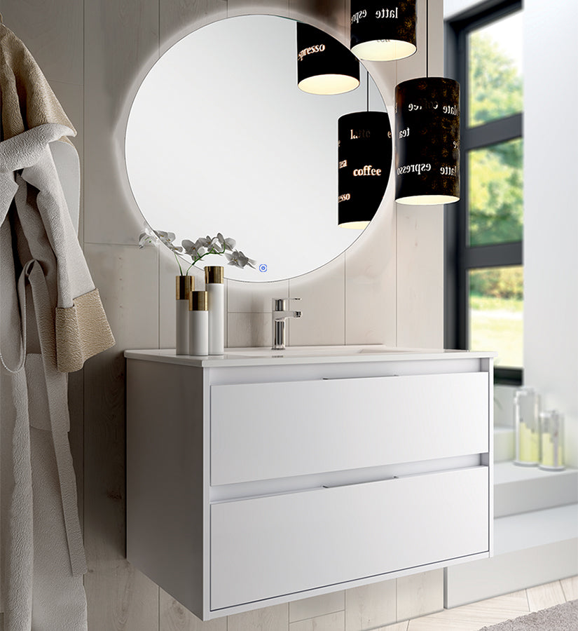Meuble de salle de bain 80cm simple vasque - 2 tiroirs - IRIS et miroir rond Led SOLEN