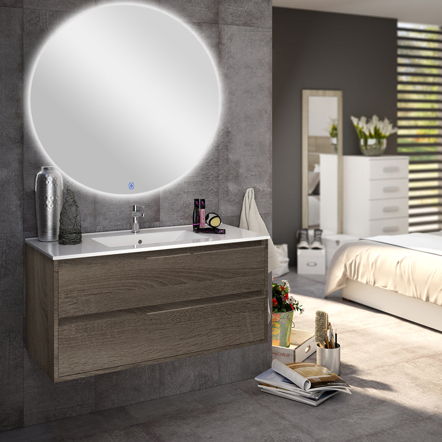 Meuble de salle de bain 80cm simple vasque - 2 tiroirs - IRIS et miroir rond Led SOLEN