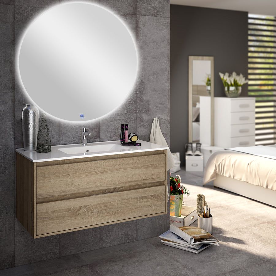 Meuble de salle de bain 80cm simple vasque - 2 tiroirs - IRIS et miroir rond Led SOLEN