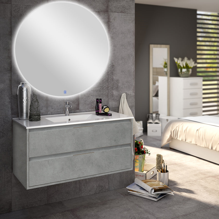 Meuble de salle de bain 80cm simple vasque - 2 tiroirs - IRIS et miroir rond Led SOLEN