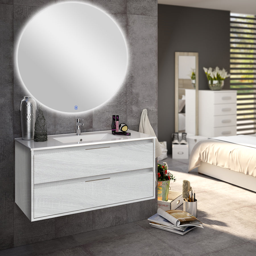 Meuble de salle de bain 80cm simple vasque - 2 tiroirs - IRIS et miroir rond Led SOLEN