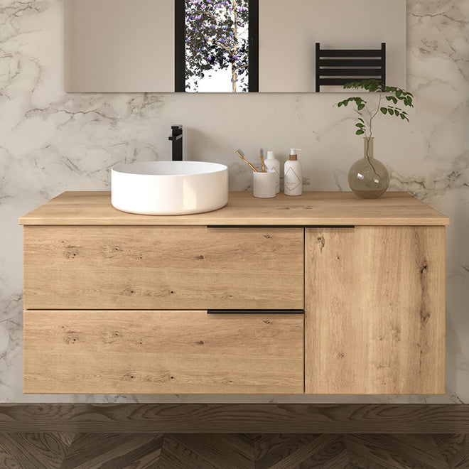 Meuble de salle de bain 100cm avec vasque à poser ronde - 2 tiroirs et un placard - sans miroir - KING