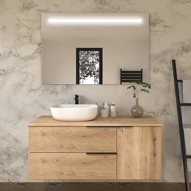 Meuble de salle de bain 100cm avec vasque à poser arrondie - 2 tiroirs et un placard et miroir Led STAM - KING