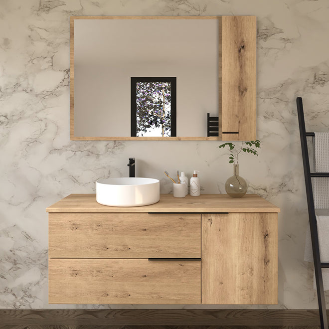 Meuble de salle de bain 100cm avec vasque à poser ronde  - 2 tiroirs et un placard et miroir avec armoirette - KING