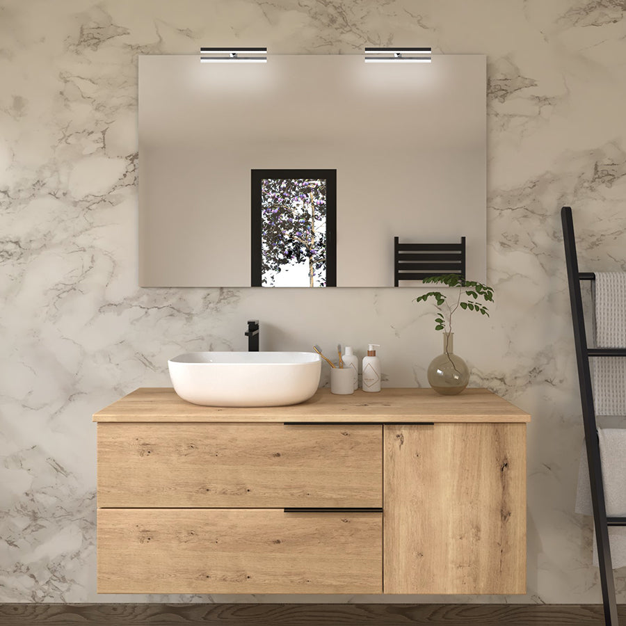 Meuble de salle de bain 120cm avec vasque à poser arrondie - 2 tiroirs et un placard et miroir KING