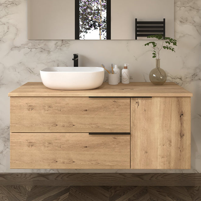 Meuble de salle de bain 100cm avec vasque à poser arrondie - 2 tiroirs et un placard - sans miroir - KING