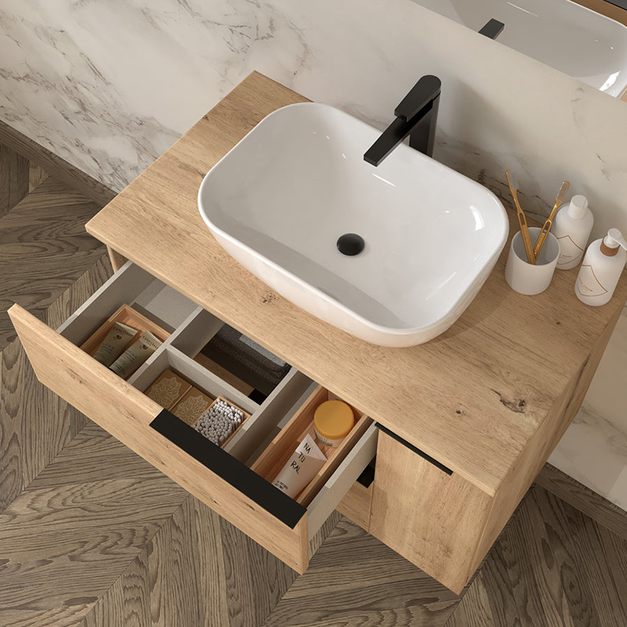Ensemble de meuble de salle de bain - 100 cm - avec vasque à poser - avec plan - avec colonne et Miroir - 1 tiroir - MINO | Leroy Merlin