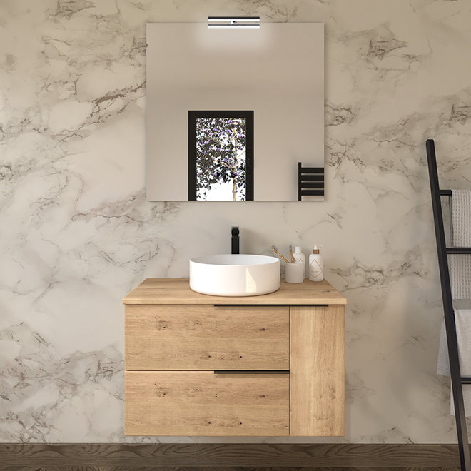 Meuble de salle de bain 90cm avec vasque à poser ronde - 2 tiroirs et un placard et miroir avec applique - KING