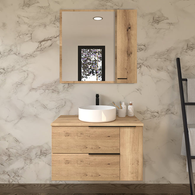Meuble de salle de bain 80cm avec vasque à poser ronde - 2 tiroirs et un placard et miroir avec armoirette - KING