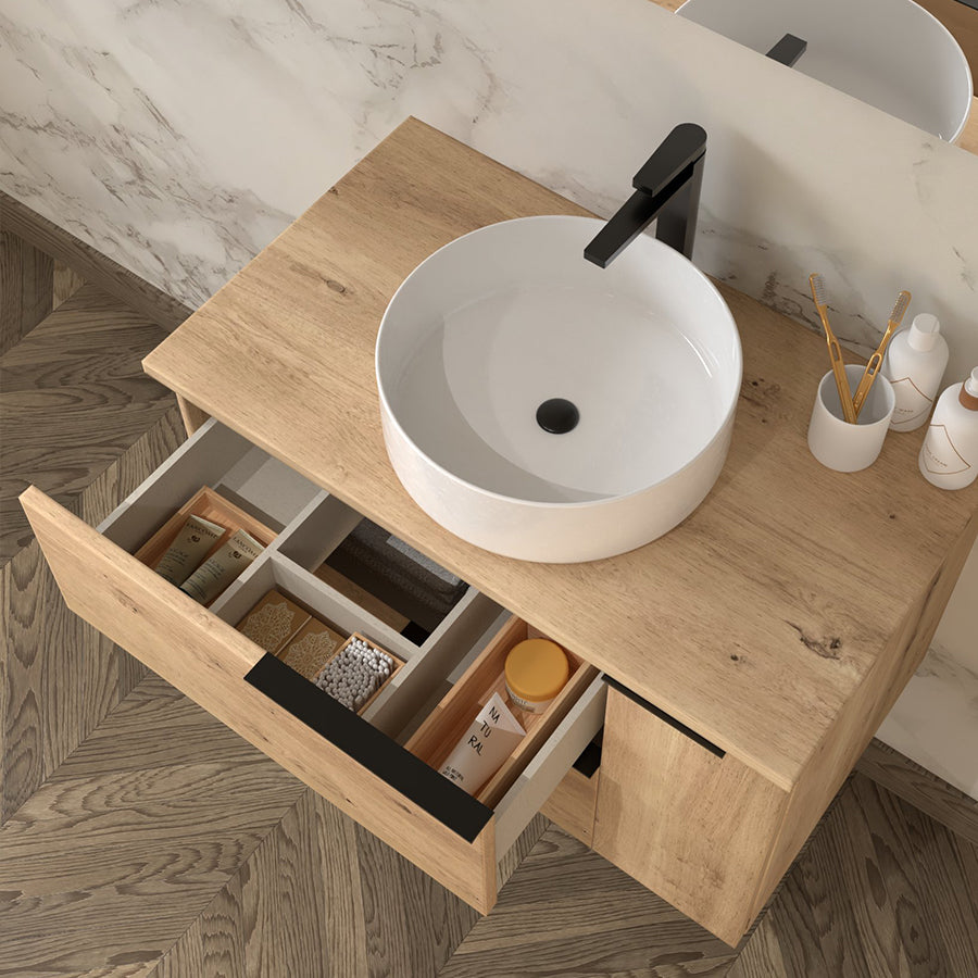 Meuble de salle de bain 80cm avec vasque à poser ronde - 2 tiroirs et un placard et miroir avec applique - KING