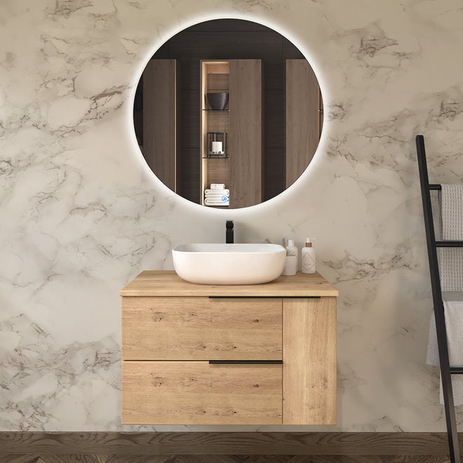 Meuble de salle de bain 80cm avec vasque à poser arrondie - 2 tiroirs et un placard et miroir rond SOLEN - KING