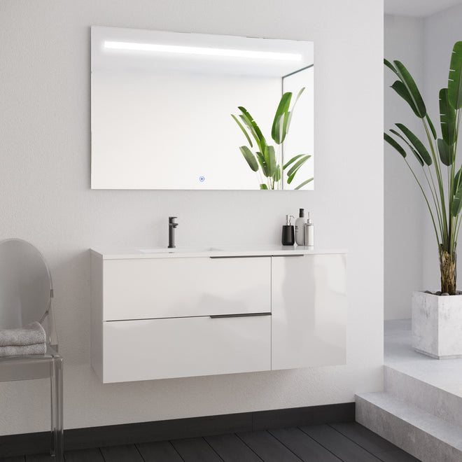 Meuble de salle de bain 100cm avec vasque déportée - 2 tiroirs et un placard et miroir STAM - blanc laqué - KING