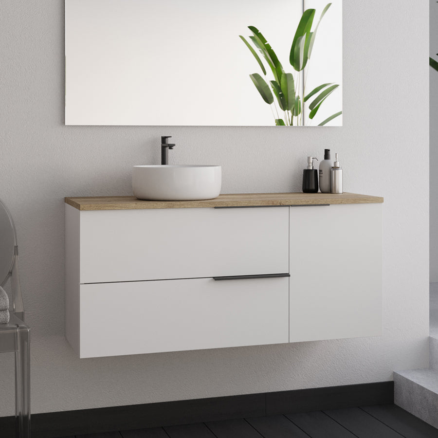 Meuble de salle de bain 100cm avec vasque à poser ronde - 2 tiroirs et un placard et miroir avec appliques - blanc laqué - KING