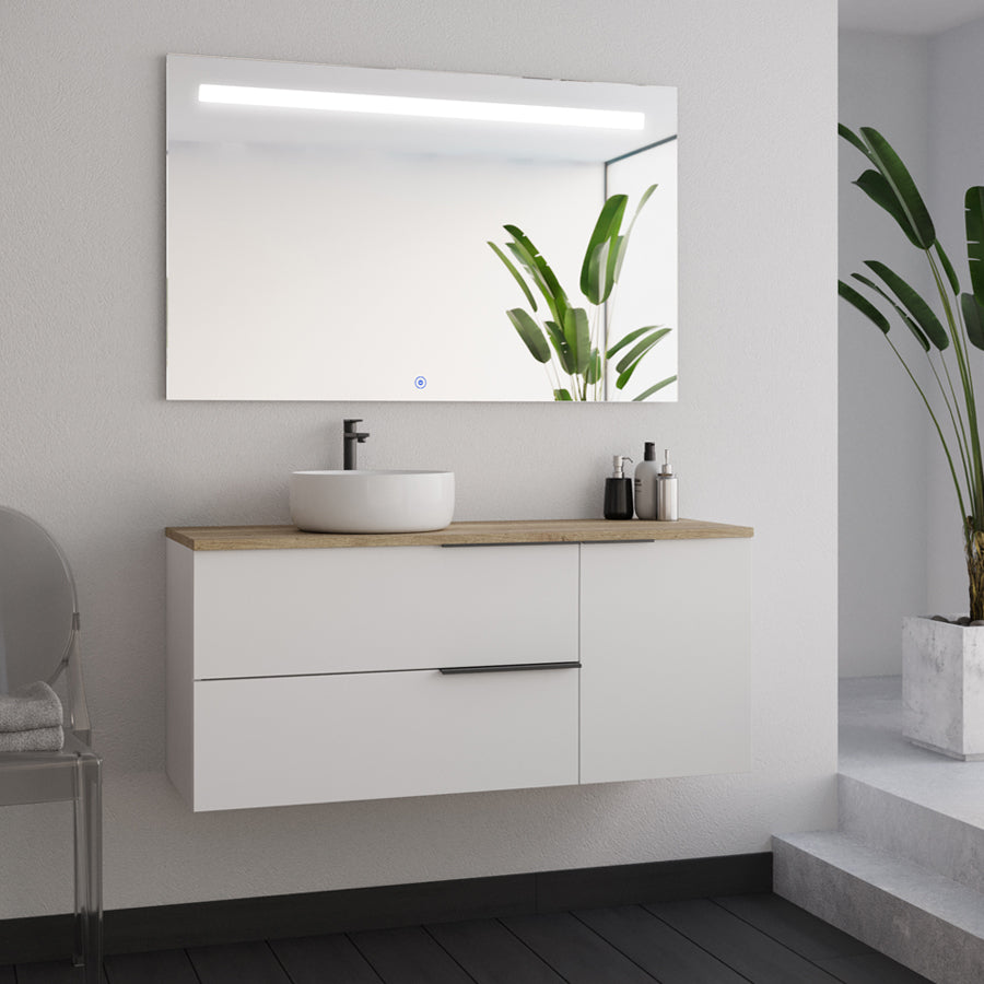 Meuble de salle de bain 100cm avec vasque à poser ronde - 2 tiroirs et un placard et miroir Led STAM - blanc laqué - KING