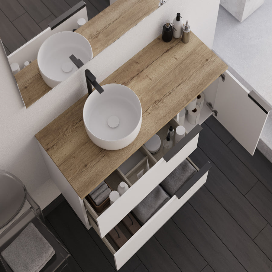 Meuble de salle de bain 100cm avec vasque à poser ronde - 2 tiroirs et un placard et miroir Led STAM - blanc laqué - KING