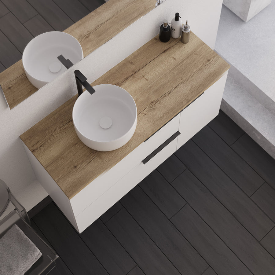 Meuble de salle de bain 100cm avec vasque à poser ronde - 2 tiroirs et un placard et miroir Led STAM - blanc laqué - KING
