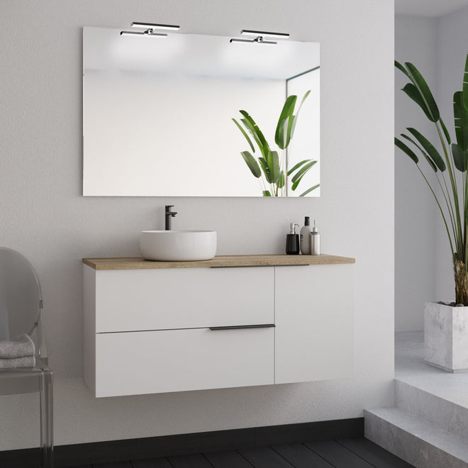 Meuble de salle de bain 100cm avec vasque à poser ronde - 2 tiroirs et un placard et miroir avec appliques - blanc laqué - KING