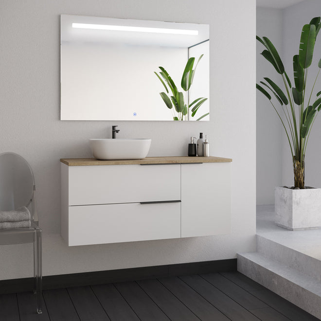 Meuble de salle de bain 100cm avec vasque à poser arrondie - 2 tiroirs et un placard et un miroir Led STAM - blanc laqué - KING