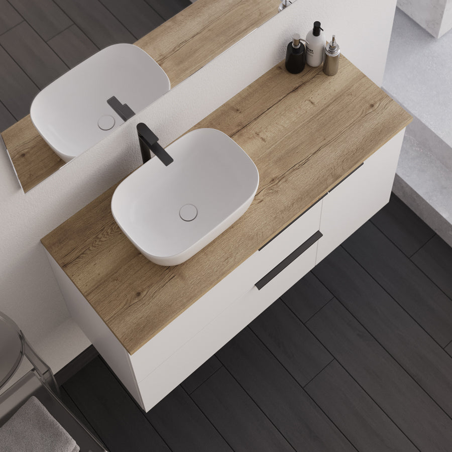 Meuble de salle de bain 100cm avec vasque à poser arrondie - 2 tiroirs et un placard et miroir avec appliques - blanc laqué - KING