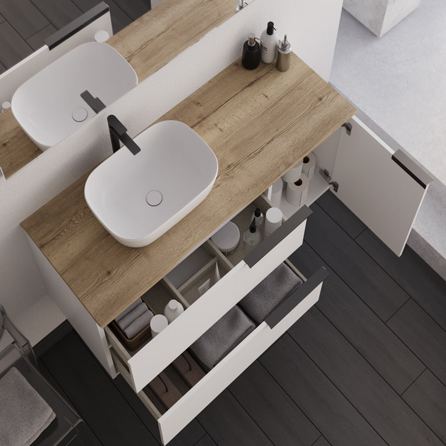 Meuble de salle de bain 100cm avec vasque à poser arrondie - 2 tiroirs et un placard et miroir avec appliques - blanc laqué - KING