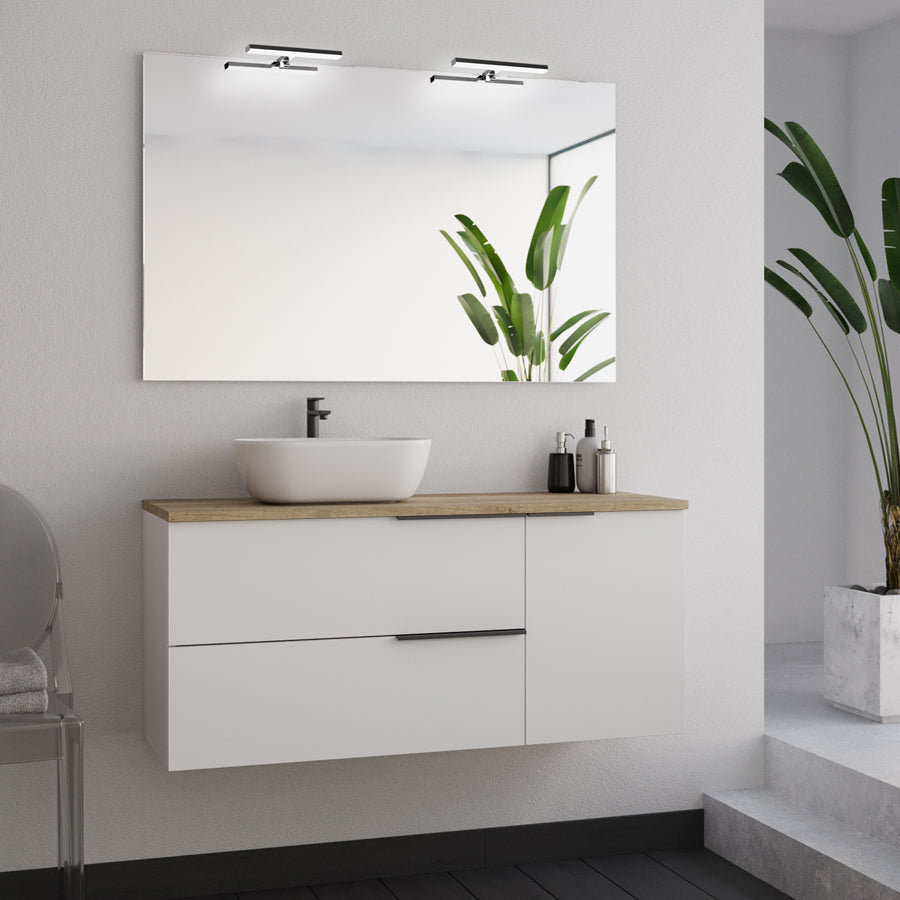 Meuble de salle de bain 100cm avec vasque à poser arrondie - 2 tiroirs et un placard et miroir avec appliques - blanc laqué - KING