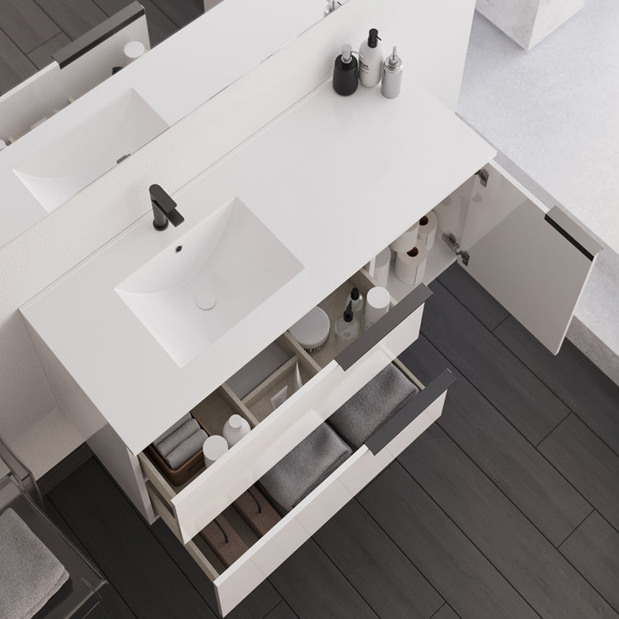 Meuble de salle de bain KING 100 cm blanc vue de dessus porte ouverte