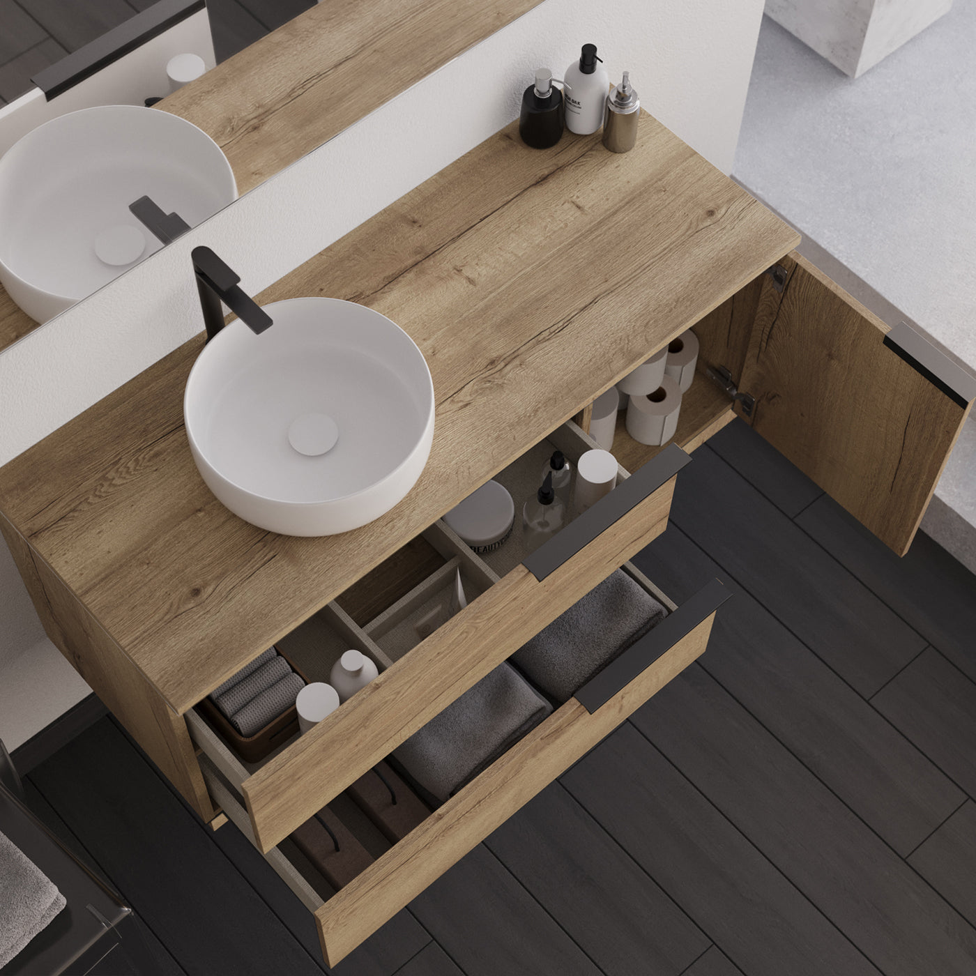 Mueble de baño de 120cm con lavabo sobre encimera redondo - sin espejo - 2 cajones y un armario - KING