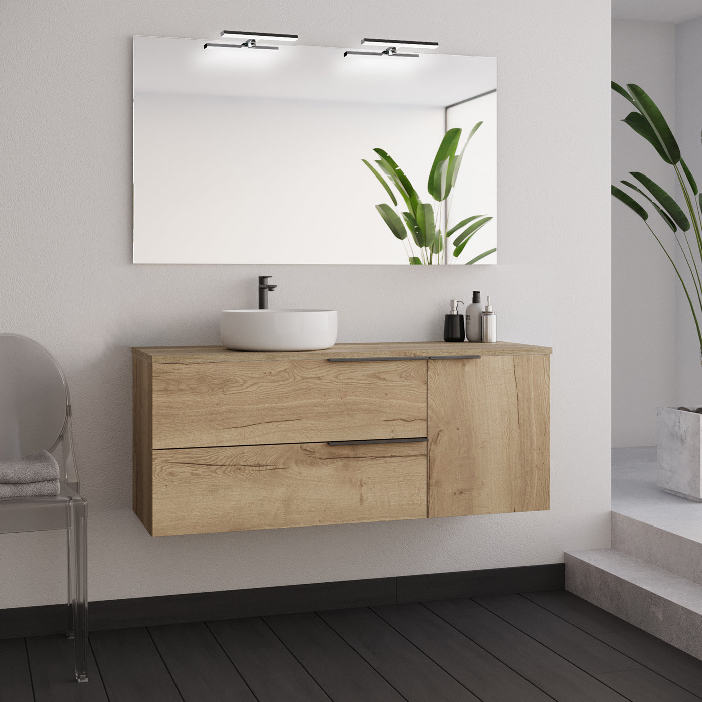 Mueble de baño de 120cm con lavabo sobre encimera redondo - 2 cajones y un armario - KING