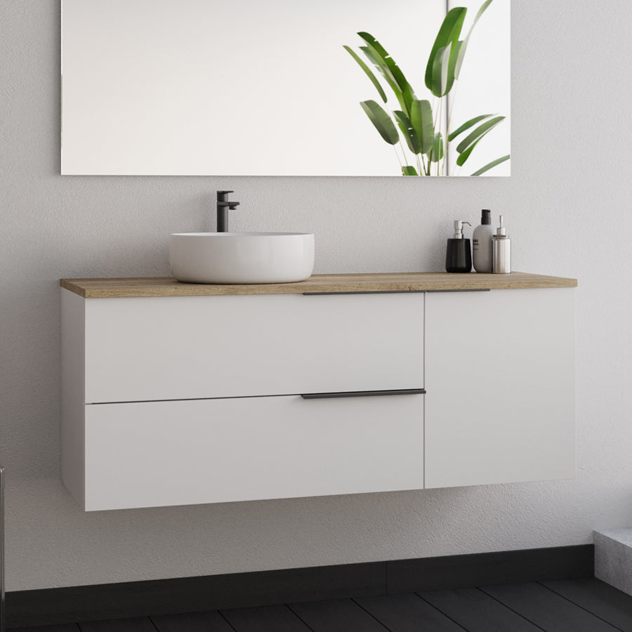 Meuble de salle de bain 120cm avec vasque à poser ronde - sans miroir - 2 tiroirs et un placard - blanc laqué - KING