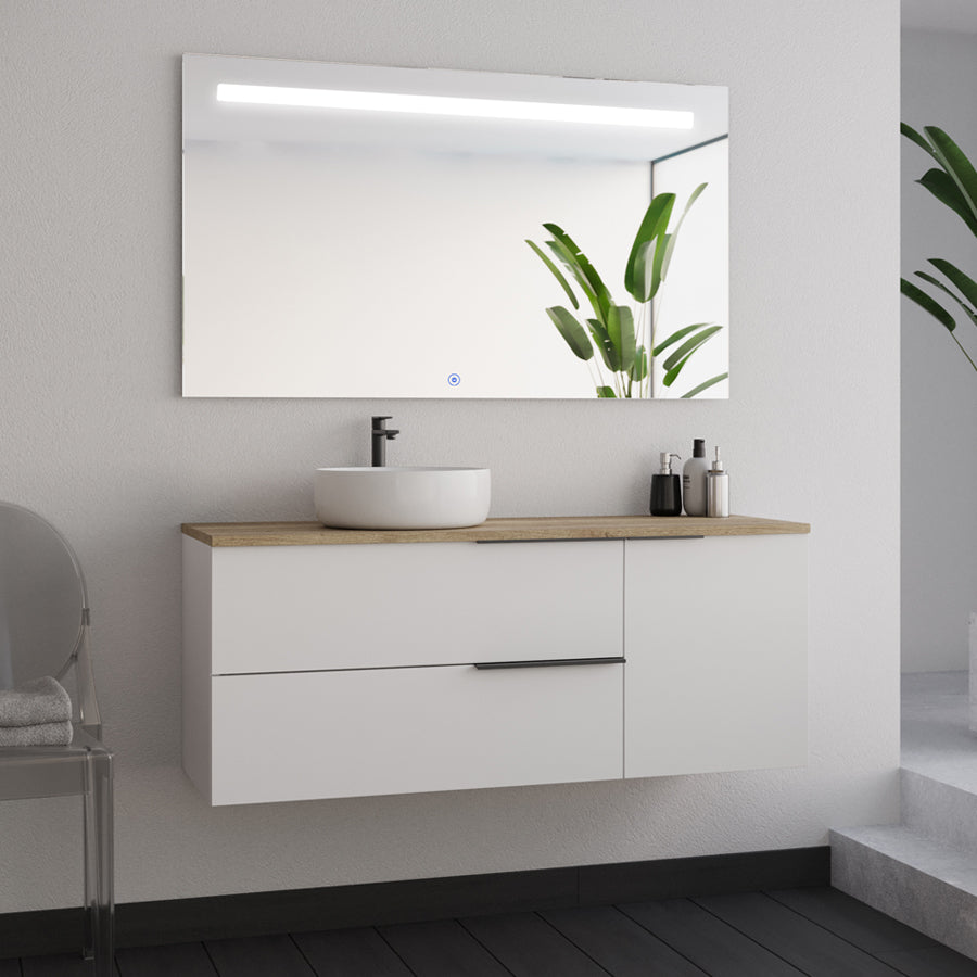 Meuble de salle de bain KING 120 cm blanc plateau roble vasque ares miroir stam
