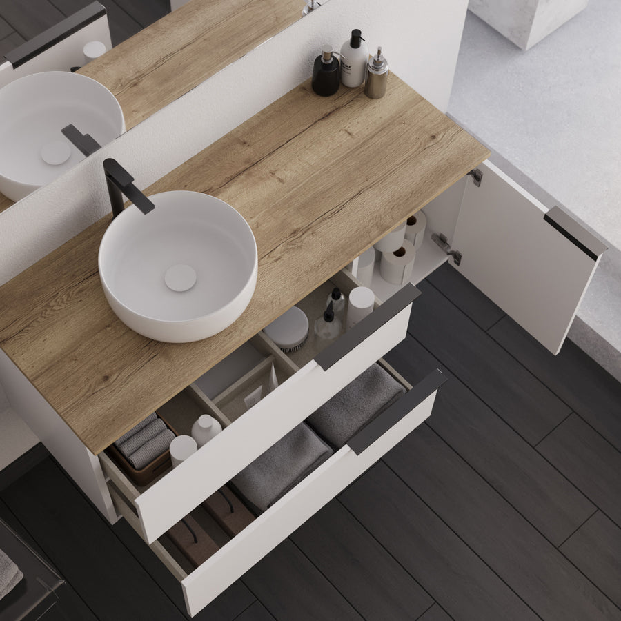 Meuble de salle de bain 120cm avec vasque à poser ronde - sans miroir - 2 tiroirs et un placard - blanc laqué - KING