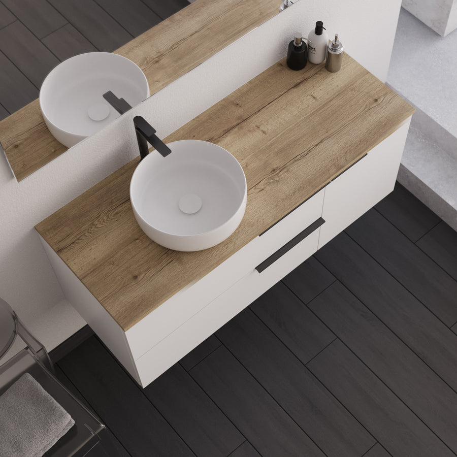 Meuble de salle de bain 120cm avec vasque à poser ronde - sans miroir - 2 tiroirs et un placard - blanc laqué - KING